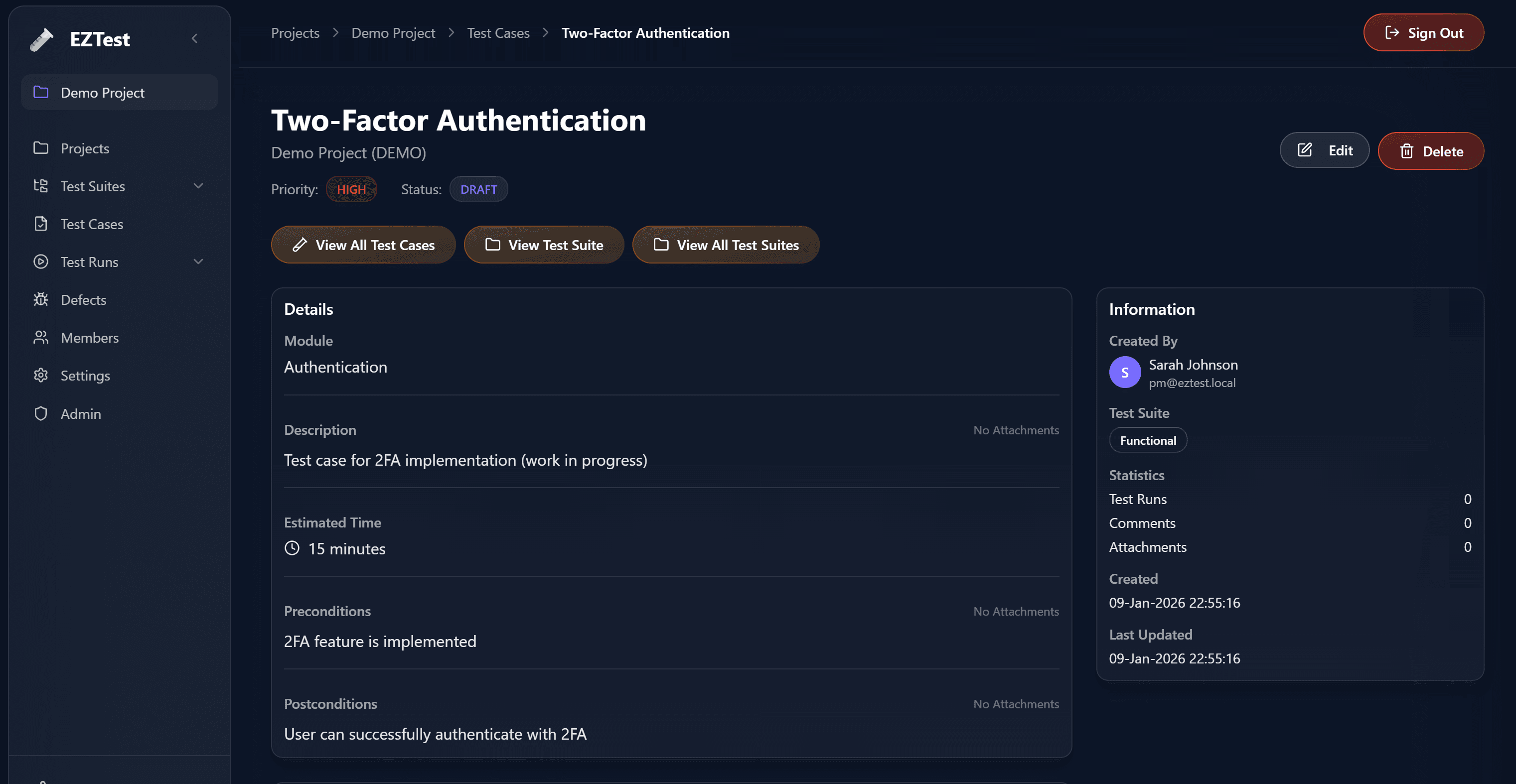 Test Case Management Interface
