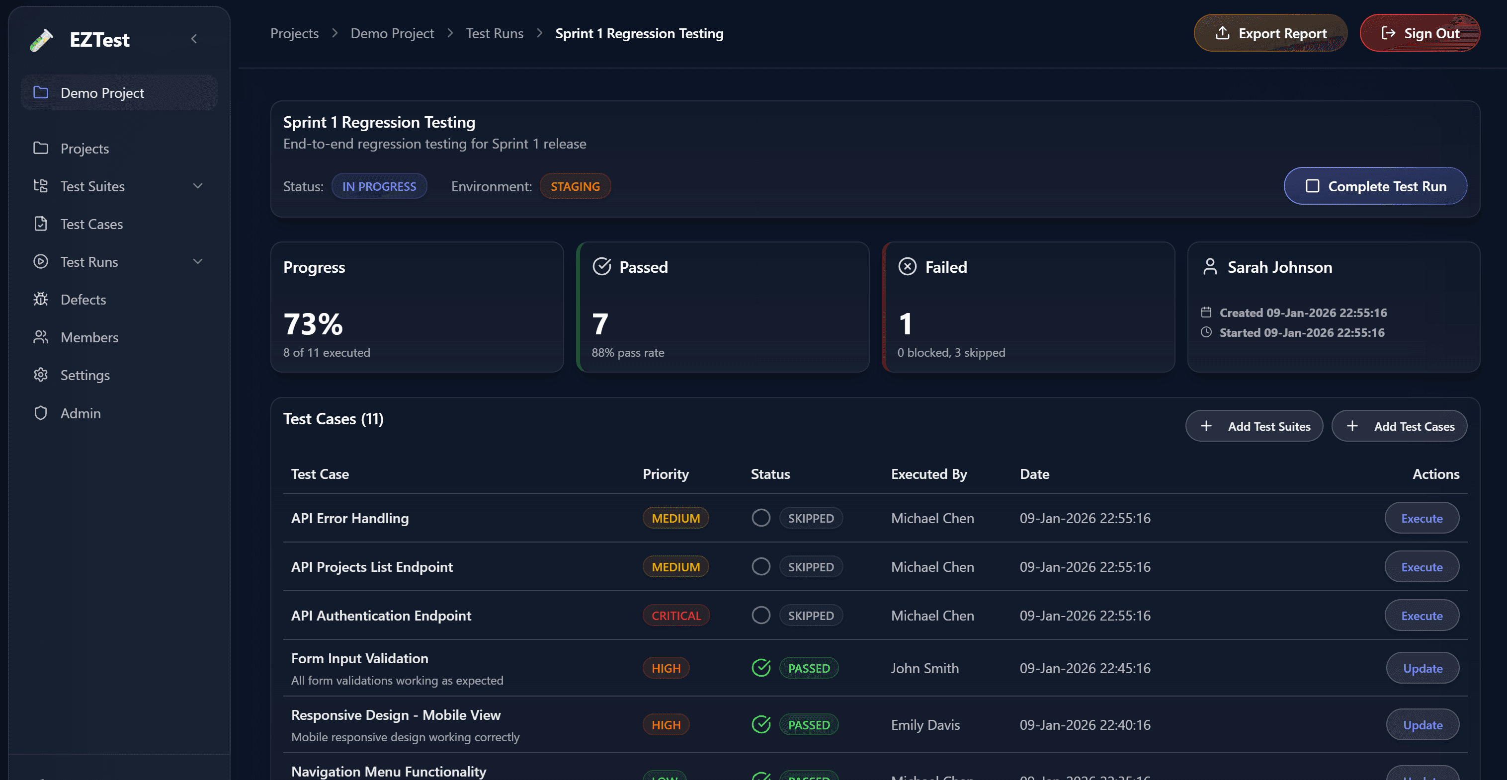 Test Run Execution Dashboard